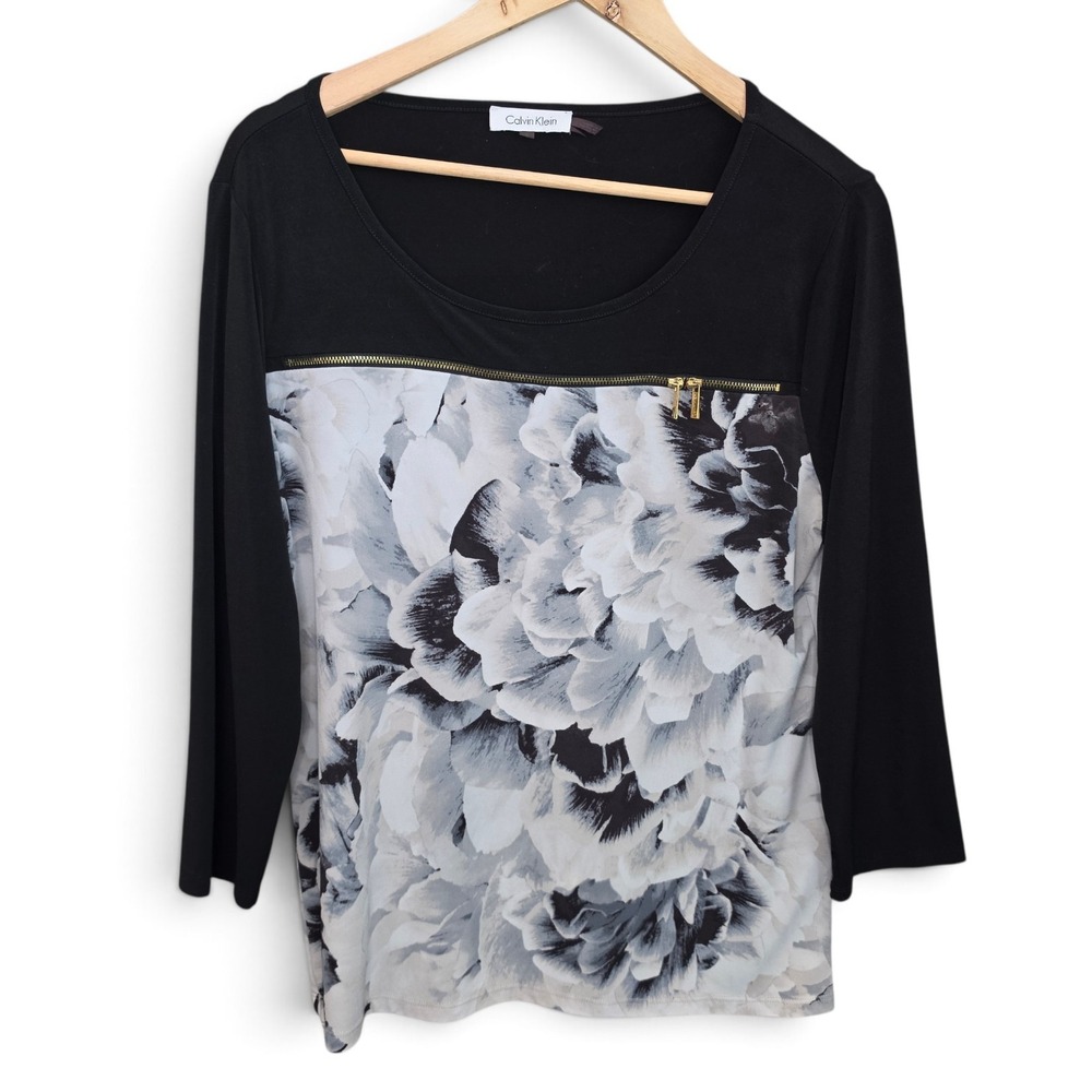 Calvin Klein Top Womens Large Black Floral Gold Zipper Accent 3/4 Sleeve Blouse